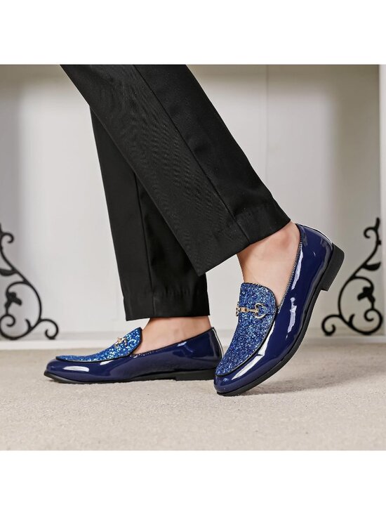 Men\'s Blue Rubber Sole Leather Sparkly Sequins Loafers Gold Buckle Party Shoes